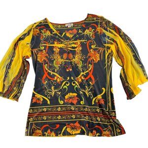 One World Women's Large Floral‎ Print Top 3/4 Sleeves y2k yellow black BOHO